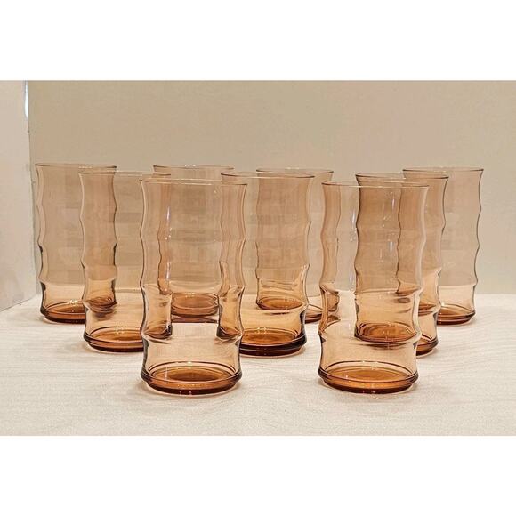Rare Pink Depression Glass Panel Flat Optic Chromatics Tumbler BAMBOO Set Of 9 - Picture 1 of 11